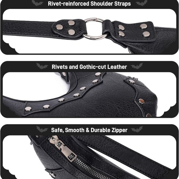Women's Goth Y2K Mini Purse Small Shoulder Bag with Rivets and Zipper - Picture 4 of 7